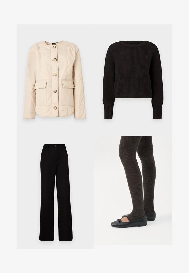 Veste matelassée beige avec un col rond, des manches longues, cinq gros boutons et deux poches avant avec rabats.; Pull en maille noire avec une texture côtelée, en col bateau et à manches longues. Design court avec des poignets ajustés.; Pantalons larges noirs à devant plat, fermeture à bouton et taille structurée. Fabriqués en tissu lisse avec un design ajusté.; Jambes portant des leggings côtelés foncés associés à des ballerines noires avec de petits détails en nœud sur fond blanc.