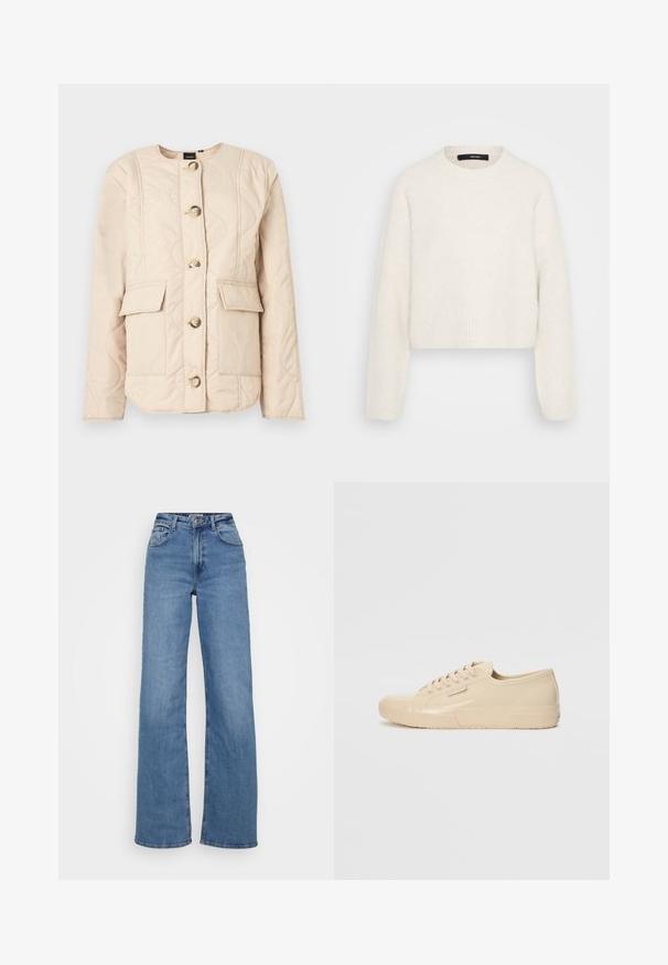 Chaqueta acolchada beige con cuello redondo, mangas largas, cinco botones grandes y dos bolsillos frontales con solapas.; Suéter de punto acanalado color crema con mangas largas y escote redondo, de longitud corta y etiqueta de la marca visible dentro del cuello.; Jeans de pierna ancha en denim, con una cintura alta, diseño clásico de cinco bolsillos y un dobladillo limpio con mínimas desgastes.; Zapatillas bajas beige con un acabado brillante, que presentan una suela de goma texturizada, punta redonda y seis ojales para los cordones.