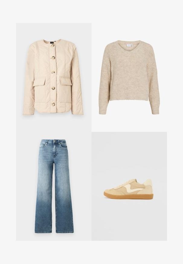 Beige quiltet jakke med rund halsudskæring, lange ærmer, fem store knapper og to forlommer med klaplukning.; Beige strikket sweater med V-hals og lange ærmer. Har et tekstureret mønster og en cropped pasform. Lavet af blødt, varmt materiale.; Vide ben jeans i lys blå vask, med høj talje, fem-lomme design og subtil falmen på stoffet. Klassisk metalknap lukning.; Beige sneakers med ruskind og mesh-materialer, rund form, fremtrædende polstret krave og en gummikondisko. Har et bølge-design som accent.