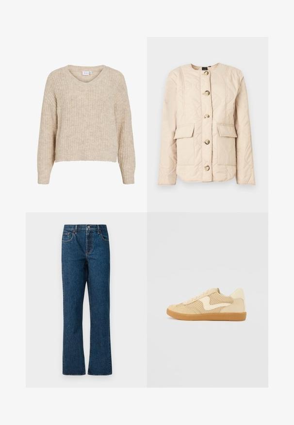 Veste matelassée beige avec un col rond, des manches longues, cinq gros boutons et deux poches avant avec rabats.; Pull beige en maille avec un col en V et des manches longues. Présente un motif texturé et une coupe courte. Fabriqué en matière douce et chaude.; Jean en denim bleu foncé avec une coupe droite, comportant cinq poches, une taille mi-haute et des détails de couture contrastants.; Sneaker beige avec des matériaux en daim et en maille, forme arrondie, col rembourré proéminent et semelle en caoutchouc gomme. Présente un accent de design en forme de vague.