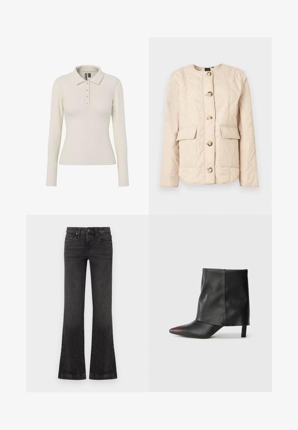 Chaqueta acolchada beige con cuello redondo, mangas largas, cinco botones grandes y dos bolsillos frontales con solapas.; Camisa polo de manga larga en tejido acanalado color blanco roto, con cuello y cinco botones metálicos en la parte frontal. Diseño ajustado.; Vaqueros negros desvanecidos de corte acampanado con botón frontal, cierre de cremallera y diseño de cinco bolsillos sobre fondo blanco liso.; Botín negro de piel lisa con punta afilada y tacón cónico. La parte superior presenta un diseño ligeramente fruncido.