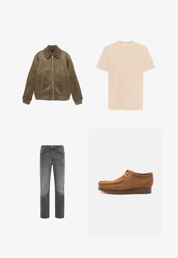 Veste bomber en daim marron avec col en peau lainée, fermeture éclair frontale et poches latérales ; poignets et ourlet côtelés. Texture lisse sur toute la surface.; T-shirt beige à manches courtes, fabriqué en tissu doux et texturé, avec un col rond et une coupe décontractée. Aucun motif visible ni détail en matériel.; Jean droit pour homme en denim noir délavé, avec fermeture à bouton et à zip, poches avant et arrière, et passants de ceinture.; Mocassin à lacets en daim marron avec semelle épaisse foncée, vue latérale sur fond clair uni.