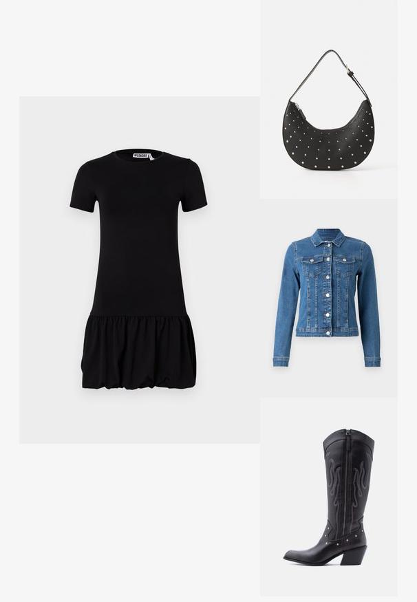Veste en denim de couleur bleu clair, avec fermeture à boutons, deux poches sur la poitrine et manches longues avec poignets ajustés. Texture usée par endroits.; Robe noire à manches courtes avec un corsage ajusté et une jupe évasée et plissée. Matériau doux avec une texture lisse et un col rond.; Bottes de cow-boy en cuir noir avec bout pointu, coutures apparentes, ornements à clous argentés et fermeture éclair sur le côté intérieur.; Sac à main en cuir noir avec une forme arrondie, orné de clous en argent, doté d'une fermeture éclair et d'une seule sangle ajustable.