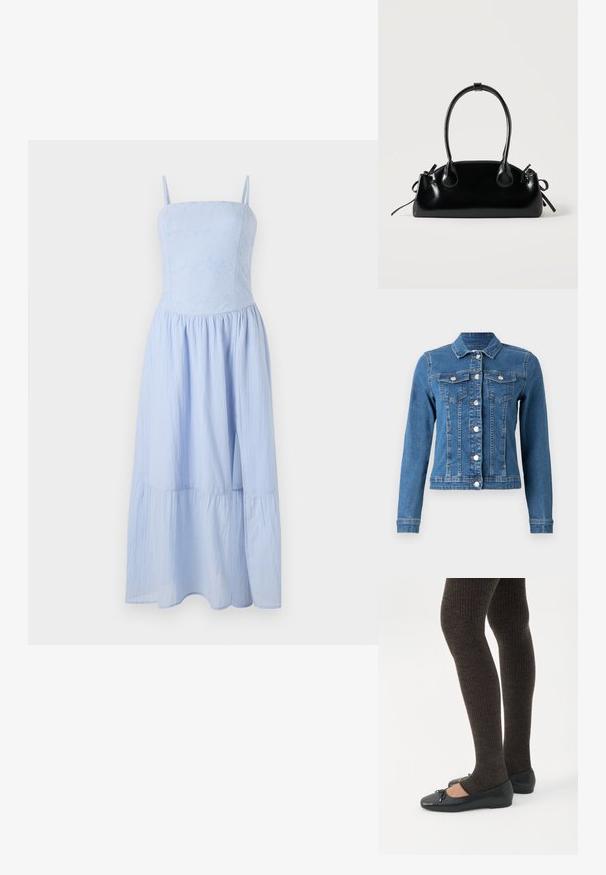 Denimjakke i lys blå farve, knaplukning foran, to brystlommer og lange ærmer med tætsiddende manchetter. Slidt tekstur i visse områder.; Lyseblå maxikjole med tynde stropper. Tights bodice med blomstret tekstur, flydende lagdelt skørt. Fremstillet af letvægtsstof.; Ben iført mørke ribbede leggings kombineret med sorte balletsko med små sløjfedetaljer på hvid baggrund.; Lille sort blank håndtaske med to lange håndtag og snøre-detaljer i siden på en ensfarvet lys baggrund.