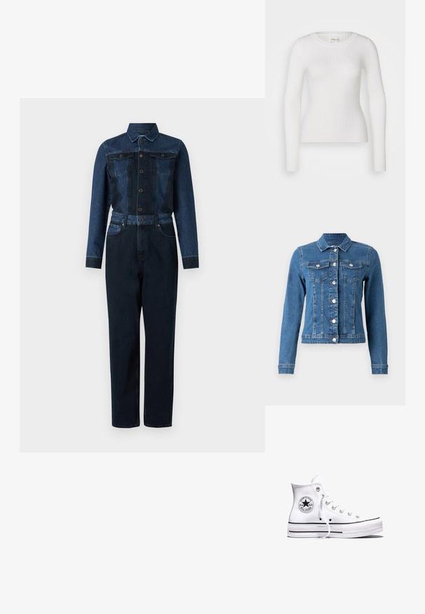 Denimjakke i lys blå farve, knaplukning foran, to brystlommer og lange ærmer med tætsiddende manchetter. Slidt tekstur i visse områder.; Denim jumpsuit med en mørkeblå farve, lange ærmer, knaplukning foran, krave og bælte i taljen med to brystlommer.; Hvid langærmet ribbet top med en rund halsudskæring. Stoffet er glat og har en subtil tekstur samt en tætsiddende design. Ingen synlige detaljer eller mønstre.; Hvid Converse Chuck Taylor All Star højt snøresko med sorte striber og logoemblem på siden, vist mod en ensfarvet hvid baggrund.