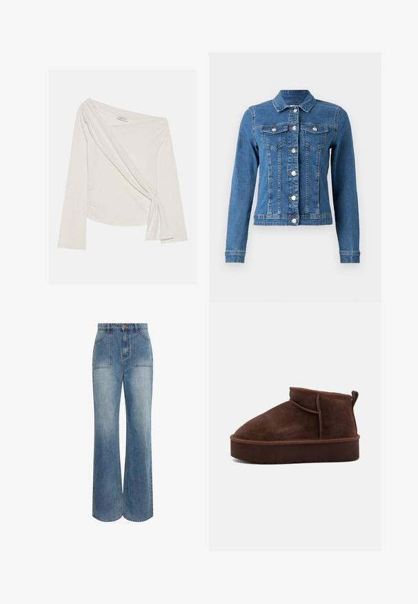Denimjakke i lys blå farve, knaplukning foran, to brystlommer og lange ærmer med tætsiddende manchetter. Slidt tekstur i visse områder.; Langærmet, off-shoulder top i et blødt, cremefarvet stof. Har et tvistet frontdetalje og sidelæg for en tætsiddende silhuet.; Lyseblå denimjeans med høj talje, vidde ben og to frontlommer. Har kontrastsyninger og lukning med frontknap.; Brune ruskind ankelstøvle med en rund tå, blød tekstur og en tyk platformsål. Har en diskret sømdetalje og en pull-tab bagpå.