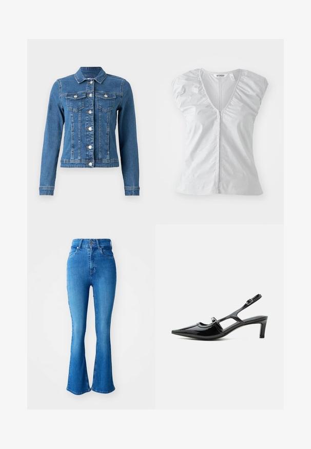 Jeansjack in lichtblauwe kleur met knopen aan de voorkant, twee borstzakken en lange mouwen met aansluitende manchetten. Versleten textuur op bepaalde plekken.; Lichtgrijze blouse met korte mouwen en een diepe V-hals. Heeft gathered schouderdetails en een rechte zoom, gemaakt van zachte, gladde stof.; Hoogwaardige blauwe denim jeans met een wijde onderkant, voorzien van een twee-knops sluiting, vijf zakken en een gladde, gestructureerde afwerking.; Zwarte lakleren slingback schoen met een spits toelopende neus, lage hak en twee verstelbare gespen, zijaanzicht.