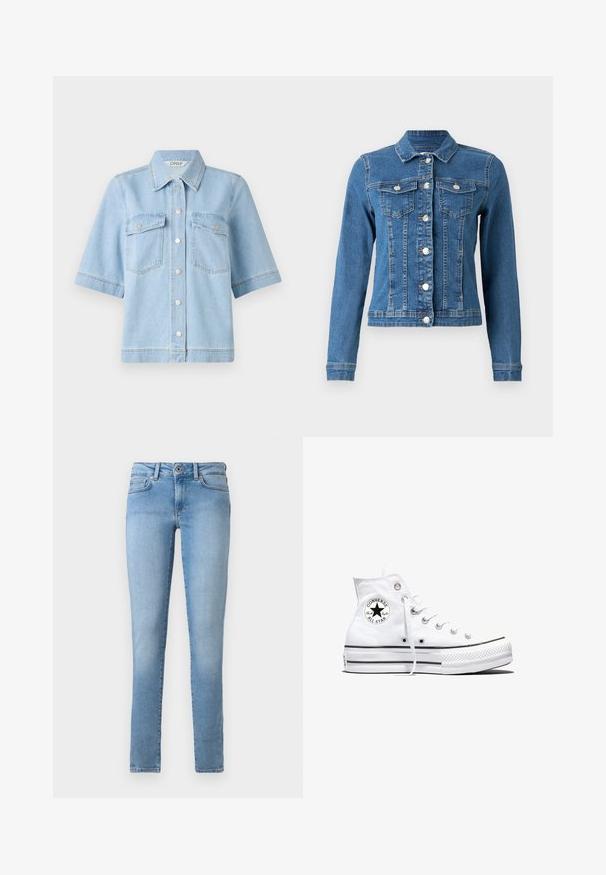 Denim takki, joka on vaaleansininen, napit edessä, kaksi rintataskua ja pitkät hihat, joissa on tiukat hihansuut. Kulunut pinta tietyillä alueilla.; Vala sinimärgid, lühikeste varrukatega teksane särk, millel on näpitsakujuline kaelus, kaks rinna taskut ja hõbedased snapsid ees. Puhtast ja siledast tekstuurist.; Vaaleansiniset farkut, joissa on suora lahje, viisi taskua ja etunapit. Sopivan sileä pinta, jossa on kulunut viimeistely.; Valkoinen korkeavartinen Converse Chuck Taylor All Star -tennarikenkä, jossa on musta logoplässi ja valkoiset nauhat, esillä valkoisella taustalla.