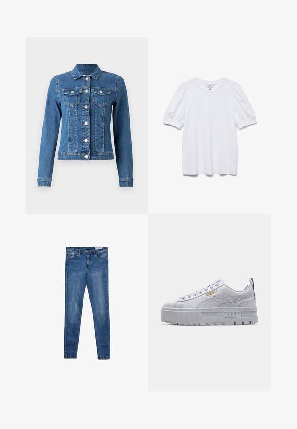 Denim takki, joka on vaaleansininen, napit edessä, kaksi rintataskua ja pitkät hihat, joissa on tiukat hihansuut. Kulunut pinta tietyillä alueilla.; Valkoinen lyhythihainen paita, jossa on pyöreä kaula-aukko ja puffihihat. Valmistettu sileästä kankaasta, jossa on "AWARE"-merkki.; Tummansiniset farkut klassisella skinny-mallilla. Ne sisältävät viisi taskua, vetoketjullisen etumuksen ja hillityn haalistuksen tekstuurin lisäämiseksi.; Valkoiset platform-tennarit, joissa on sileä nahkainen päällinen, pehmustettu nilkkaosa, harmaa kumipohja ja kultaiset yksityiskohdat, joissa on Puma-logo.