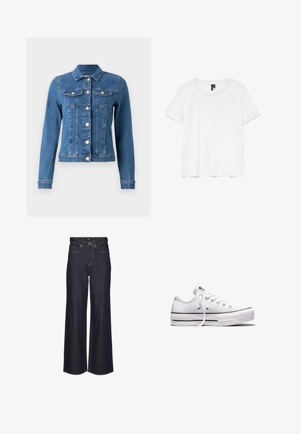 Denimjakke i lys blå farve, knaplukning foran, to brystlommer og lange ærmer med tætsiddende manchetter. Slidt tekstur i visse områder.; Hvid kortærmet t-shirt med rund halsudskæring, lavet af letvægtsstof. Enkel design, glat tekstur og lige kant.; Højtaljede brede bukser i mørk denim. Har klassisk stikning, fem lommer og knaplukning foran.; Lavtop hvid lærredsneaker med hvide snørebånd, gummisål, sorte stribedetaljer og logo-patch på tungen og hælen.