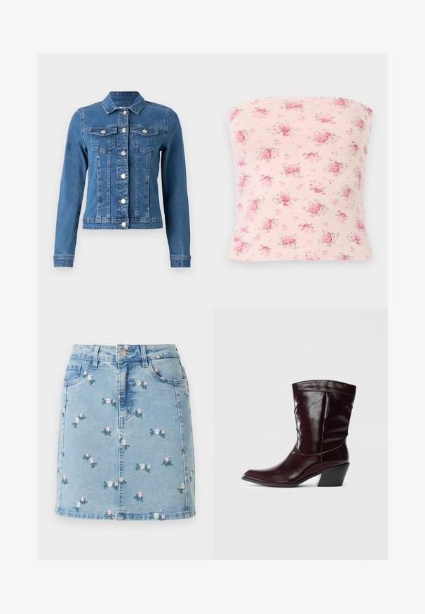 Veste en denim de couleur bleu clair, avec fermeture à boutons, deux poches sur la poitrine et manches longues avec poignets ajustés. Texture usée par endroits.; Haut bustier rose clair avec un motif dispersé de petits bouquets floraux roses et rouges avec des feuilles vertes.; Jupe en denim bleu clair avec petites fleurs roses et blanches brodées, poches avant, passants pour ceinture et fermeture par boutons.; Bottines en cuir bourgogne avec un bout pointu, une surface texturée et un petit talon effilé. Présente une couture discrète et un ajustement confortable.