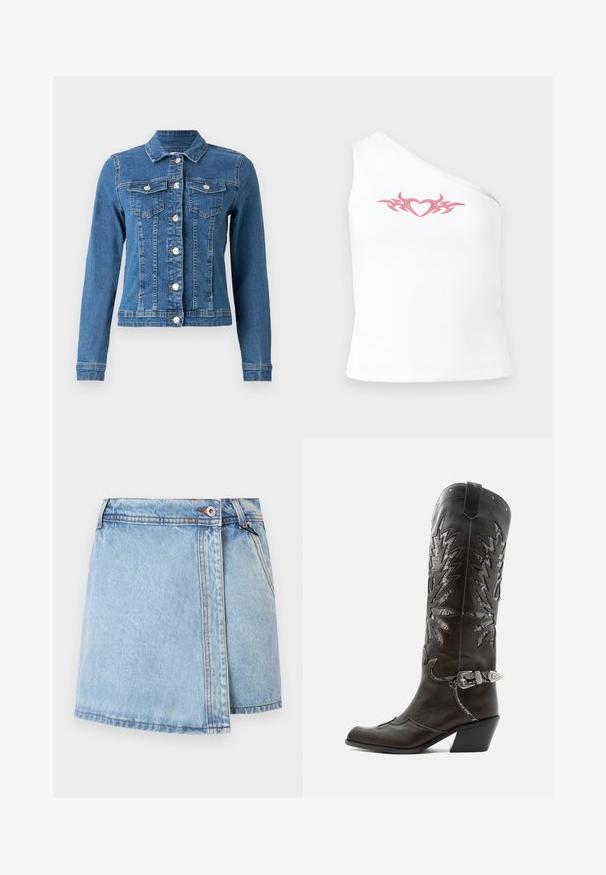 Denimjakke i lys blå farve, knaplukning foran, to brystlommer og lange ærmer med tætsiddende manchetter. Slidt tekstur i visse områder.; Asymmetrisk hvid ærmeløs top med et pink tribal hjerte-design over brystet; lavet af blødt, strækbart bomuldsstof.; Lyseblå denimskørt med lige snit, frontknaplukning og kontrasterende syninger langs sømmene. Ingen synlige lommer.; Sort læder cowboystøvle med dekorative udskæringer, sølvspænde og skrå hæl, vist på hvid baggrund.
