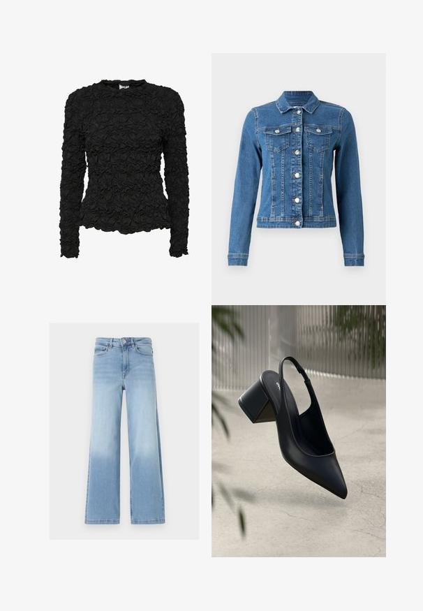 Veste en denim de couleur bleu clair, avec fermeture à boutons, deux poches sur la poitrine et manches longues avec poignets ajustés. Texture usée par endroits.; Haut noir à manches longues avec un motif texturé et froncé, doté d'un col rond et d'une silhouette ajustée. Fini en tissu lisse.; Jean larges taille haute bleu clair avec bouton et fermeture éclair à l'avant, poches avant et arrière, et détails délavés subtils.; Escarpin noir en cuir avec un bout pointu et un talon bloc. Texture lisse, design minimaliste et bride de cheville réglable.