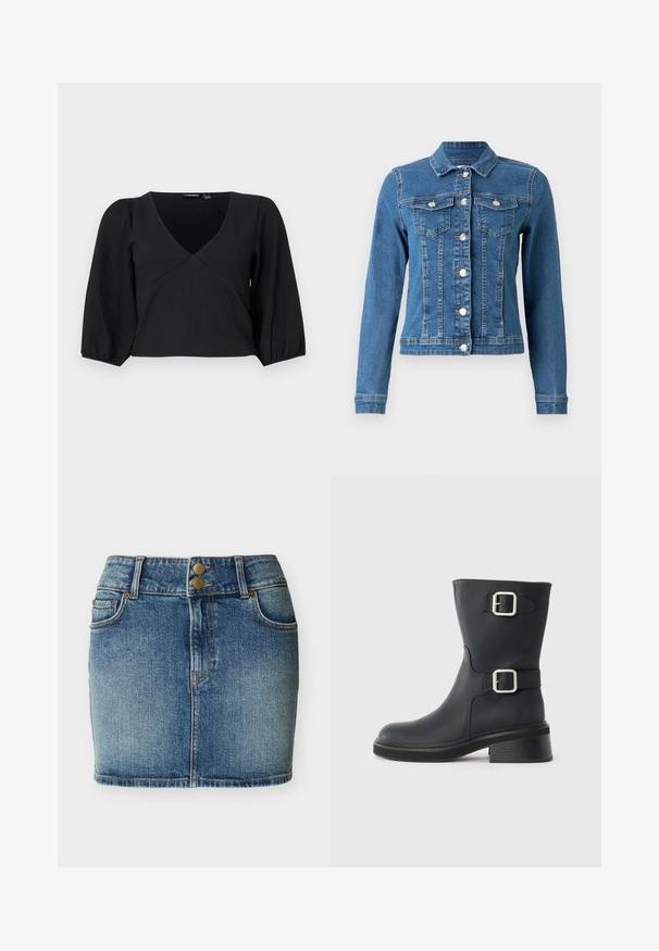 Denim takki, joka on vaaleansininen, napit edessä, kaksi rintataskua ja pitkät hihat, joissa on tiukat hihansuut. Kulunut pinta tietyillä alueilla.; Musta, tekstuuriga pullover, millel on V-kaelus, pikad puffh natüravad varrukad ja mähise stiilis disain.; Sininen farkku-mekonhame, jossa on etutaskut, vyölenkit ja kaksi messinkistä nappia vyötäröllä.; Mustat nahkaiset nilkkakengät, joissa on kaksi hopeista solkea, pyöristetty kärki ja tukeva korko. Pintarakennetta on sileä ja siinä on kevyt kiilto.