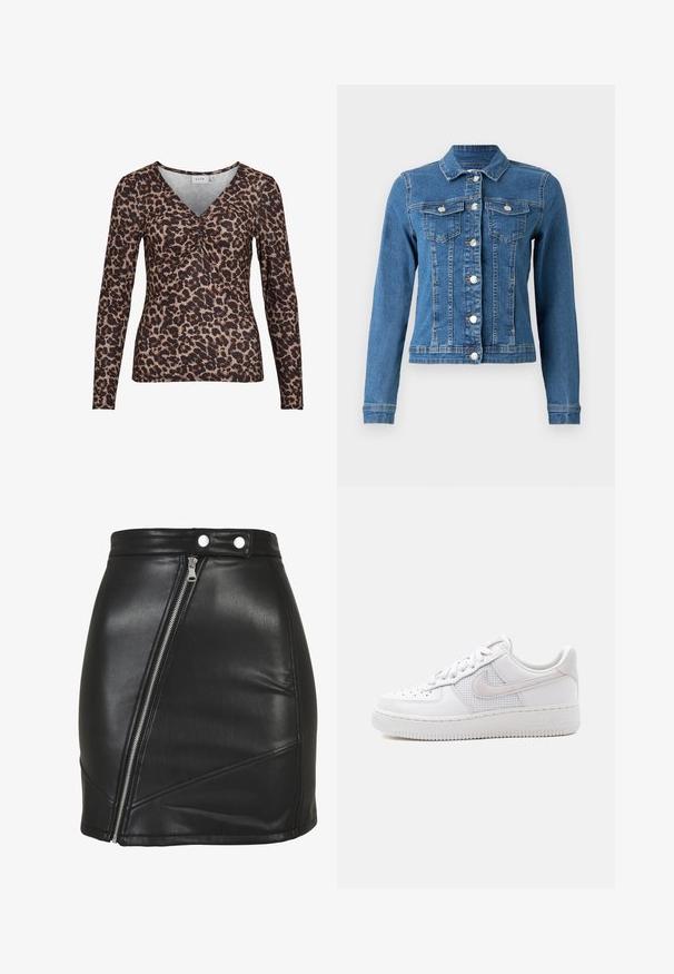 Denimjakke i lys blå farve, knaplukning foran, to brystlommer og lange ærmer med tætsiddende manchetter. Slidt tekstur i visse områder.; Langærmet top med leopardmotiver og V-udskæring, der har en samling i midten og er lavet af et blødt, strækbart stof.; Sort mini nederdel i kunstlæder med diagonal sølvlynlås og dobbelt trykknaplukning i taljen.; Hvid Nike Air Force 1 sneaker med lavt snit, hvide snørebånd, perforeringer på tåboksen og netpanel bag Nike swoosh-logoet.