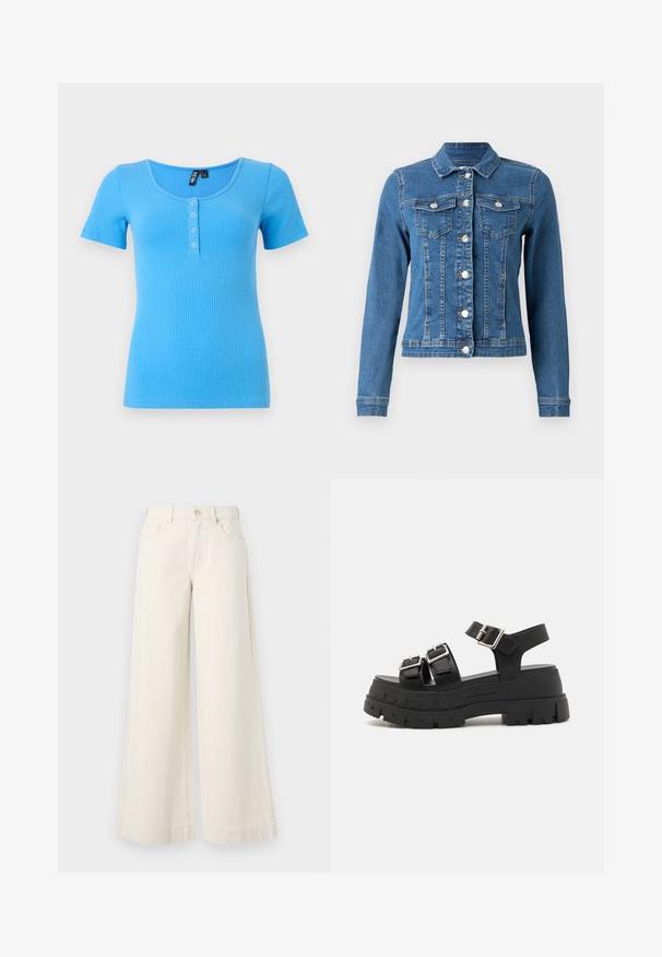 Jeansjack in lichtblauwe kleur met knopen aan de voorkant, twee borstzakken en lange mouwen met aansluitende manchetten. Versleten textuur op bepaalde plekken.; Geribbelde, kortarmige t-shirt in een levendige blauwe kleur. Heeft een ronde halslijn en een drieknoopsluiting aan de voorkant. Zacht, rekbaar materiaal.; Wijdvallende, lichtbeige denim broek met een hoge taille, twee voorzakken, knoopsluiting en subtiele stikseldetails.; Zwarte platform sandalen van synthetisch leer met twee verstelbare gespen en een gewatteerde zool. Het chunky hakontwerp verhoogt de stabiliteit.