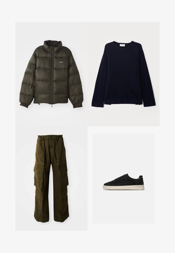Manteau rembourré vert foncé avec un col haut, fermeture éclair, poignets élastiques et poches latérales. Présente une texture matelassée et un branding minimal.; OFFICINE GENERALE NATE CNECK - Pullover - black; Pantalons cargo en vert olive foncé, fabriqués en coton texturé. Dotés d'une taille élastique, de plusieurs poches latérales et d'une coupe ample.; Baskets basses en daim noir avec lacets noirs et semelle blanche en caoutchouc, vue latérale sur fond gris clair uni.