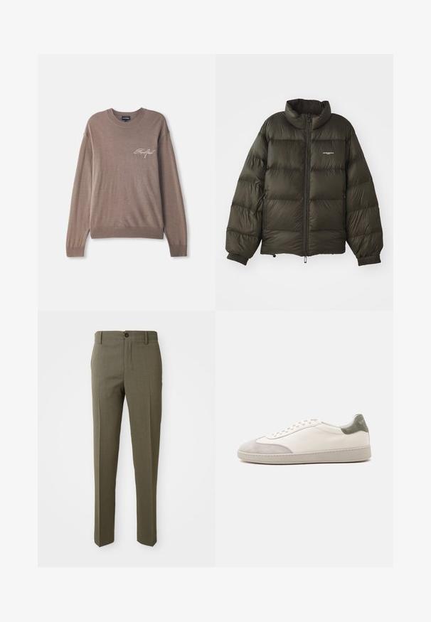 Manteau rembourré vert foncé avec un col haut, fermeture éclair, poignets élastiques et poches latérales. Présente une texture matelassée et un branding minimal.; Pull en tricot marron avec des manches longues et un col rond. Il présente un petit logo brodé sur la poitrine ainsi que des poignets et un ourlet côtelés.; Pantalons ajustés vert olive avec une texture lisse, coupe droite, bouton avant unique et poches latérales pour la fonctionnalité.; Baskets basses blanches avec accents en daim gris clair sur le bout et le talon, lacets blancs et semelle beige plate, vues de côté extérieur.