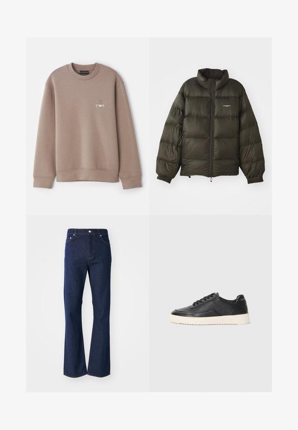 Mørkegrøn pufferjakke med høj krave, lynlås foran, elastiske manchetter og sidelommer. Har en quiltet struktur og minimal branding.; Brun sweatshirt lavet af blødt materiale. Har rund hals og ribbede manchetter. Dekorativ "EVA" logo på brystet med et emblem ovenover.; Flarvede mørkeblå jeans lavet af denim. Har fem lommer, en front lynlås og en metalknaplukning. Klassiske syninger som detaljer.; Sort lædersneaker med struktureret overflade, rund tå og flad hvid gummisål. Har sorte snørebånd og branding på hælen.