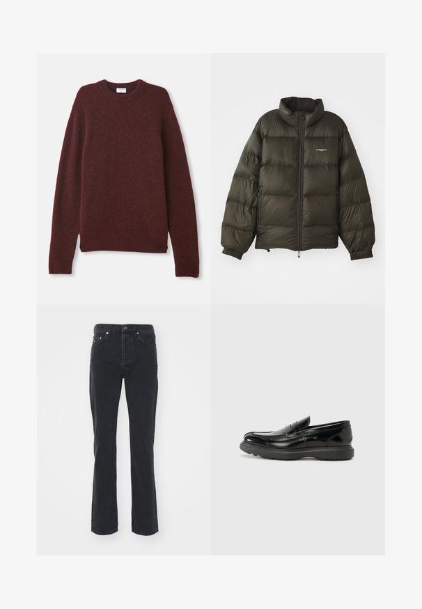 Donkergroene pufferjack met een hoge kraag, ritssluiting, elastische manchetten en zijzakken. Beschikt over een gestikte textuur en minimale branding.; Bordeaux kleurige trui van zachte stof met een klassieke ronde hals, lange mouwen en een relaxte pasvorm. Geen patronen of zichtbare metalen delen.; Zwarte denim jeans met een rechte pijpdesign, voorzien van vijf zakken en een knoopsluiting. De stof heeft een subtiele textuur en stevige afwerking.; Zwarte leren instapper met een glanzende afwerking, een ronde neus, subtiele stiksels en een dikke rubberen zool voor duurzaamheid.