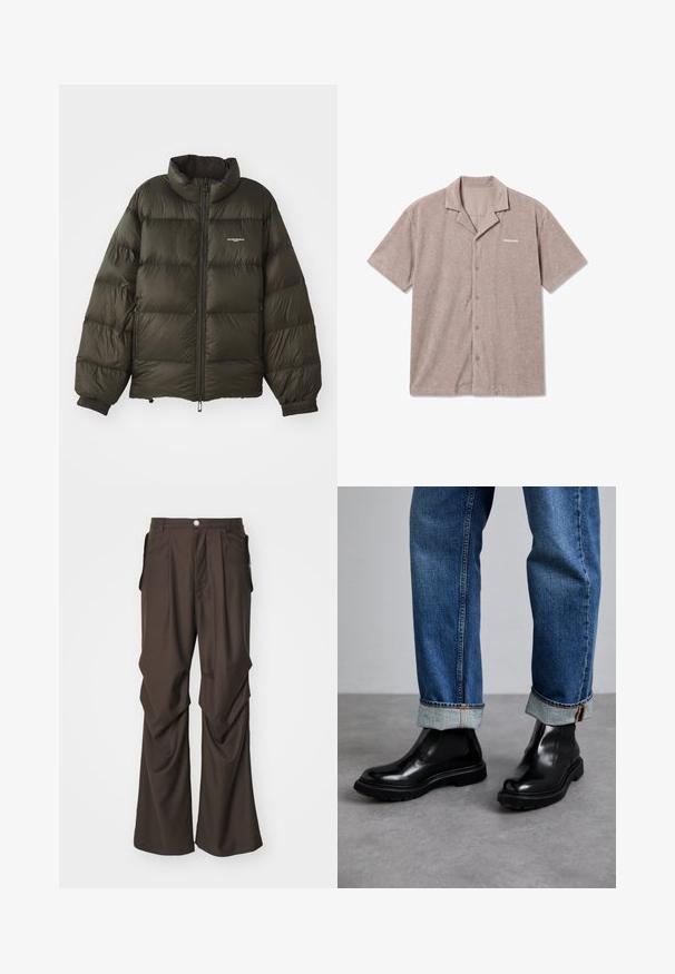 Manteau rembourré vert foncé avec un col haut, fermeture éclair, poignets élastiques et poches latérales. Présente une texture matelassée et un branding minimal.; Chemise beige en éponge à manches courtes avec col, cinq boutons et petit logo "PEGADOR" sur la poitrine gauche.; Pantalons marron sur mesure avec une coupe large, dotés de poches latérales et d'une fermeture à bouton à l'avant. Tissu lisse avec de légers plis.; Bottines en cuir noir avec des panneaux élastiques sur les côtés et des semelles en caoutchouc texturé, associées à un jean en denim bleu retroussé.