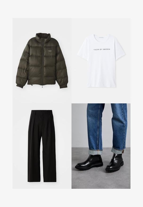 Manteau rembourré vert foncé avec un col haut, fermeture éclair, poignets élastiques et poches latérales. Présente une texture matelassée et un branding minimal.; T-shirt blanc à col rond et à manches courtes. Un texte noir indique "TIGER OF SWEDEN" centré sur le devant. Texture du tissu lisse.; Pantalons larges noirs avec une texture lisse, dotés de deux plis avant, d'une fermeture à bouton et de poches latérales. Tissu durable.; Bottines en cuir noir avec des panneaux élastiques sur les côtés et des semelles en caoutchouc texturé, associées à un jean en denim bleu retroussé.