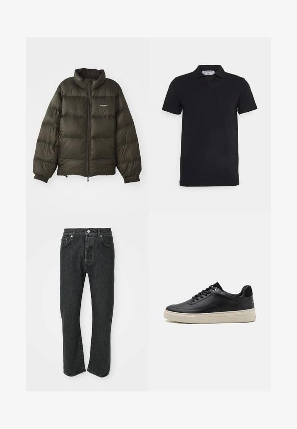 Dunkelgrüne Pufferjacke mit hohem Kragen, Reißverschluss, elastischen Bündchen und Seitentaschen. Verfügt über eine gesteppten Textur und minimalistische Markenkennzeichnung.; Schwarzes kurzärmliges Polohemd mit klassischem Kragen, aus glattem Material. Verfügt über ein Etikett mit dem Markennamen 'Filippa K' am Kragen.; Schwarze gerade geschnittene Jeans aus Denim mit Knopf- und Reißverschluss vorne, vorne und hinten sichtbare Taschen auf weißem Hintergrund.; Schwarzer Ledersneaker mit niedrigem Profil, ausgestattet mit einer cremefarbenen Gummisohle, runder Zehe und Schnürdesign, akzentuiert mit einer Ferse aus schwarzem Wildleder.