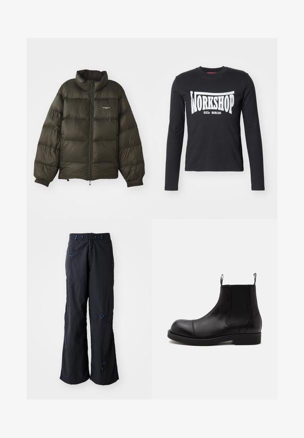 Manteau rembourré vert foncé avec un col haut, fermeture éclair, poignets élastiques et poches latérales. Présente une texture matelassée et un branding minimal.; T-shirt noir à manches longues en coton, arborant un grand graphique blanc "WORKSHOP 032c BERLIN" sur le devant. Texture lisse, col rond.; Pantalons noirs, légers et à jambes larges avec une finition texturée. Présente des accents bleus et des cordons pour un ajustement. Fermeture éclair.; Bottine Chelsea en cuir noir à bout arrondi, panneaux latéraux élastiques, languettes à l’avant et à l’arrière, semelle plate, vue de côté sur fond blanc.