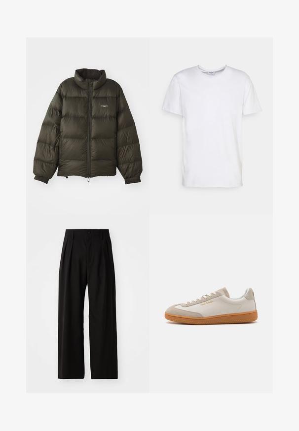 Manteau rembourré vert foncé avec un col haut, fermeture éclair, poignets élastiques et poches latérales. Présente une texture matelassée et un branding minimal.; T-shirt blanc à manches courtes en coton. Il présente un col rond et une coupe décontractée sans motifs ni accents visibles.; Pantalons larges noirs avec une texture lisse, dotés de deux plis avant, d'une fermeture à bouton et de poches latérales. Tissu durable.; Baskets basses blanches et beiges avec semelle en caoutchouc, lacets blancs, détails en daim et logo doré "Paul Smith" sur le côté.