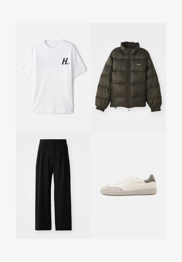 Manteau rembourré vert foncé avec un col haut, fermeture éclair, poignets élastiques et poches latérales. Présente une texture matelassée et un branding minimal.; T-shirt en coton blanc avec un col rond, des manches courtes et un logo "HL" noir sur la zone de la poitrine gauche. Texture douce, coupe décontractée.; Pantalons larges noirs avec une texture lisse, dotés de deux plis avant, d'une fermeture à bouton et de poches latérales. Tissu durable.; Baskets basses blanches avec accents en daim gris clair sur le bout et le talon, lacets blancs et semelle beige plate, vues de côté extérieur.