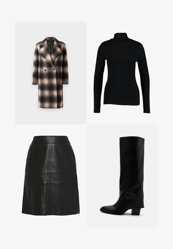 Dubbelzijdige wollen jas met een zwart, wit en tan geruit patroon, brede revers, twee voorzakken en een zachte textuur.; Zwart lange mouw turtleneck top van gladde stof, met een aansluitend ontwerp en hoge hals, geschikt voor layering of als standalone kleding.; Zwarte A-lijn rok van imitatieleren met hoge taille en zichtbare naaddetails aan de voorkant en bij de zoom.; Hoge zwarte leren laars met schuine stiksels, puntige neus en stevige hak van gemiddelde hoogte op witte achtergrond.