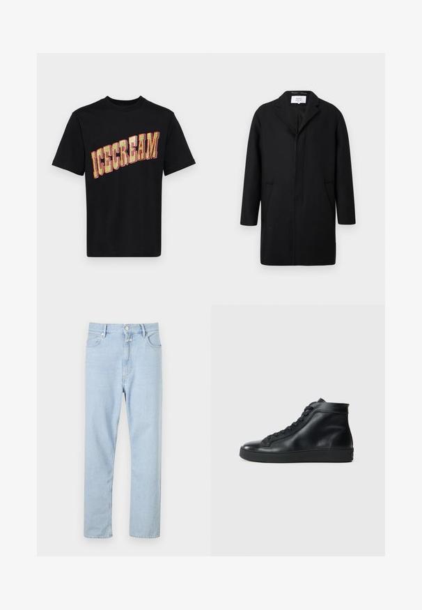 Abrigo de lana negro con solapas muestradas, frente abierto y dos bolsillos laterales. Presenta un corte recto y una tela texturizada.; Camiseta de algodón negra con un gran gráfico en negrita de "HELADO" en amarillo y rojo, con un diseño texturizado y patrón en las letras.; Jeans de mezclilla de pierna recta en azul claro, con cierre de botón y cremallera, cinco bolsillos y un ligero desgastado en la tela.; Zapatillas altas negras de cuero suave con punta redondeada, suela de goma plana y diseño de cordones en la parte delantera. Líneas limpias y acentos mínimos.