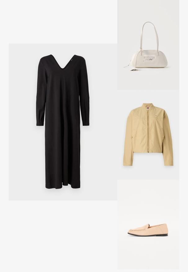 Veste courte beige clair avec un col montant, fermeture éclair à l'avant et poches latérales ornées de boutons dorés. Fabriquée en tissu lisse.; Robe noire à manches longues avec un décolleté en V, fabriquée dans un tissu doux et extensible, offrant une coupe ample et un ourlet droit.; Mocassins en cuir beige avec des détails brodés, une semelle noire plate et un bout arrondi. Design minimaliste sans quincaillerie ou accents visibles.; Sac d'épaule rectangulaire de couleur crème avec longues bretelles, logo "tommy jeans" en argent sur le devant, et une étiquette pendante attachée à la fermeture éclair.
