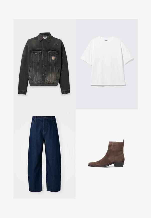 Schwarze Denimjacke mit Knopfleiste vorne, zwei Brustklappentaschen, Seitentaschen, weißen Farbspritzern und einem kleinen Carhartt-Logo-Patch auf der Brust.; Weißes oversized T-Shirt mit kurzen Ärmeln und Rundhalsausschnitt mit eingesetzten Schultern, flach auf hellgrauem Hintergrund.; Hellebeine Jeans aus dunklem Denim mit hoher Taille, fünf Taschen, vorderem Knopfverschluss und sichtbaren Nähten.; Braune Wildleder-Stiefelette mit spitzem Kopf, niedrigem Blockabsatz und einer Anziehhilfe an der Rückseite für ein einfaches An- und Ausziehen. Glatte Textur und schlichtes Design.