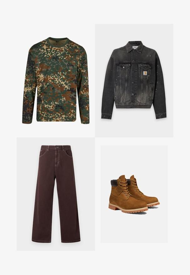 Sort denimjakke med knapper foran, to brystlommer med klap, sidelommer, hvide malerpletter og et lille Carhartt-logo på brystet.; Langærmet camouflage t-shirt i grøn, brun og beige med rund halsudskæring. Har et blandet mønster af uregelmæssige pletter og teksturer.; Højtaljede, viddebenede bukser i mørkebrunt med knapper foran, lynlås, sidelommer og synlige syninger på hvid baggrund.; Brune ruskinds ankelstøvler med en polstret sort krave, gyldne snørehuller og en tyk gummisål med en mønster, der giver godt greb.