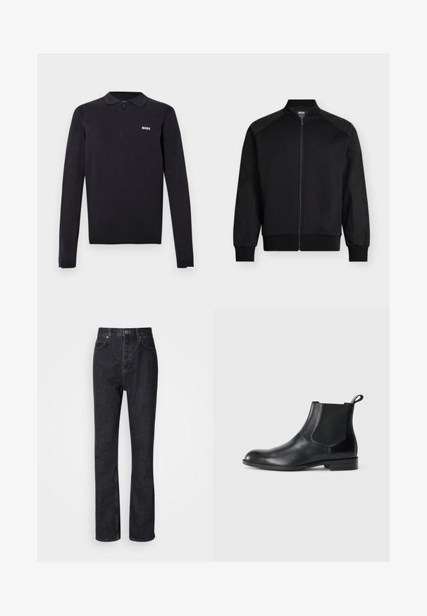 Sort zip-up bomberjakke med ribbede manchetter og talje, kravefri design og subtile skulderpaneler i et glat stof.; Sort langærmet polo lavet af strikket stof. Har en halvlynede krave, slim fit og en lille hvid logo på brystet.; Høj talje sorte denim jeans med knap- og lynlåsåbning, for- og baglommer samt lige ben.; Sorte læder ankelstøvler med elastiske sidepaneler, rund tå og en trækloft. Glat tekstur, flad sål, minimalistisk design.