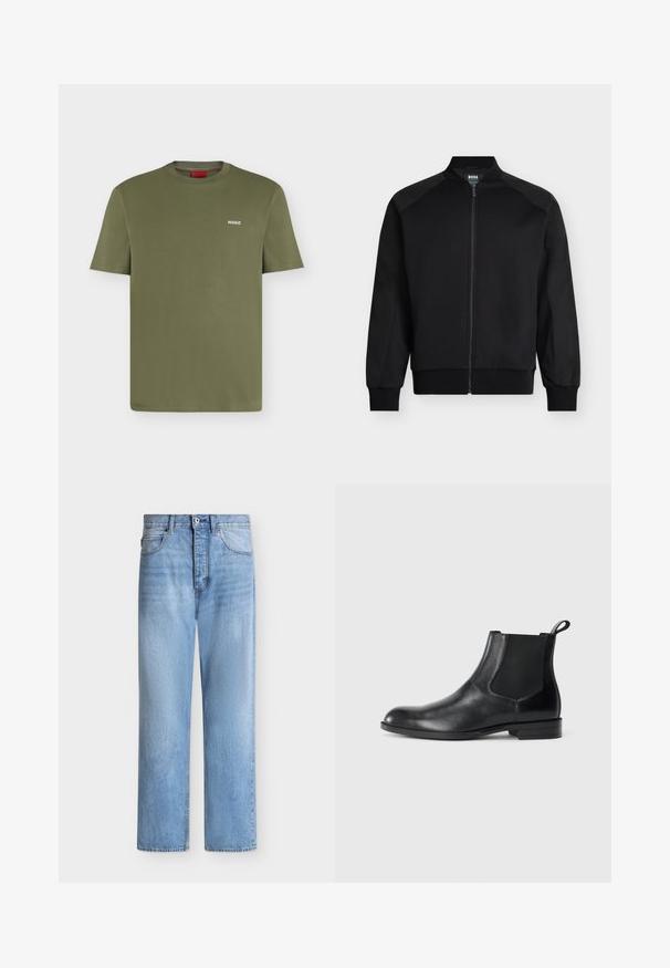 Veste bomber noire zippée avec poignets et taille côtelés, design sans col et panneaux subtils aux épaules, en tissu lisse.; T-shirt en coton vert olive à manches courtes, col rond et petit logo blanc "HUGO" sur la poitrine gauche.; Jean droit en denim bleu clair avec fermeture par bouton et zip, poches avant et arrière, et passants de ceinture à la taille.; Bottine en cuir noir avec des panneaux latéraux élastiques, bout rond et tirette. Texture lisse, semelle plate, design minimaliste.