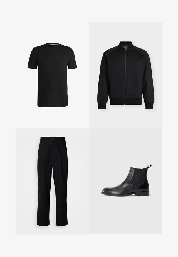 Veste bomber noire zippée avec poignets et taille côtelés, design sans col et panneaux subtils aux épaules, en tissu lisse.; T-shirt noir à manches courtes en coton lisse avec un col rond. Présente une étiquette de marque discrète sur le côté gauche près de l'ourlet.; Pantalons noirs à jambes droites avec une taille à bouton, passants de ceinture et pli avant, présentés sur un fond blanc uni.; Bottine en cuir noir avec des panneaux latéraux élastiques, bout rond et tirette. Texture lisse, semelle plate, design minimaliste.