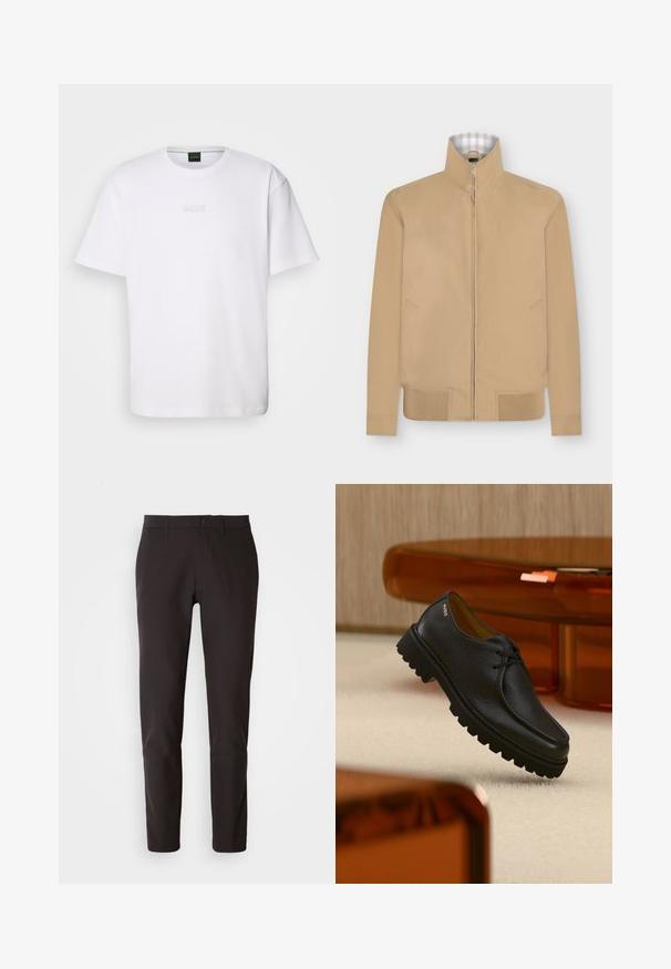 Chaqueta beige con cremallera, cuello alto y dobladillo acanalado, con discretos bolsillos laterales y forro interior del cuello a cuadros.; Camiseta de algodón blanca de manga corta, con escote redondo y logotipo grabado de "BOSS" en el pecho. Textura suave, ajuste estándar.; Pantalones negros de tela suave, con corte recto, cinturilla estándar con cierre de botón y sin bolsillos o patrones visibles.; Zapato negro de cuero con textura, con cordones y suela gruesa con relieves, con la marca "HUGO" cerca del talón, exhibido sobre una alfombra beige y junto a un mueble color ámbar.