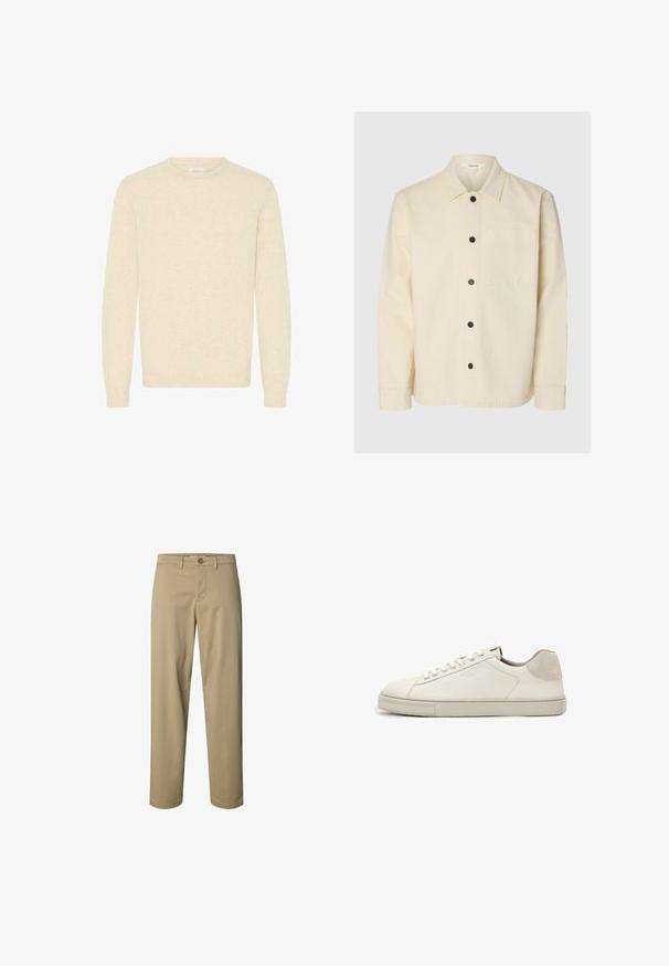 Kremfarvet langærmet skjorte med krave, sorte knapper foran og en enkelt brystlomme på venstre side.; Lys beige sweater lavet af blødt strikstof, med rund halsudskæring og lange ærmer, samt ribbede manchetter og kant.; Beige bukser med lige ben med knap- og lynlåslukning, bæltestropper og uden synlige lommer, vist på en hvid baggrund.; Hvid lavtopet lædersneaker med hvide snørebånd, let struktureret sål og lys grå ruskinds-hælpatch, sideudsigt.