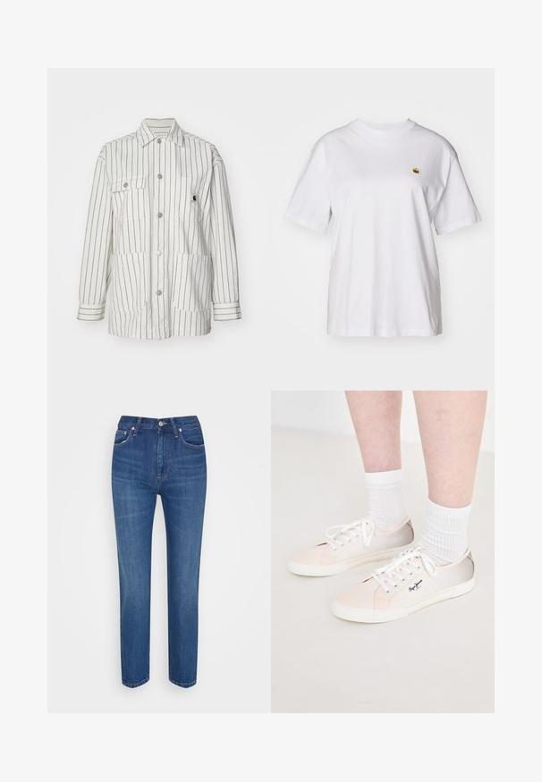 Veste rayée blanche avec un devant à boutons, deux grandes poches avant, des manches longues et un col. Fabriquée en tissu durable.; T-shirt en coton blanc avec une coupe décontractée, des manches courtes et un petit logo brodé sur la poitrine gauche.; Jeans en denim bleu avec une coupe droite, taille haute, cinq poches, fermeture à bouton en métal et un léger délavage sur le tissu.; Baskets en toile de couleur claire avec des lacets blancs, présentant des accents roses et beiges, une semelle en caoutchouc blanche et un logo sur le côté.
