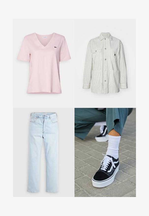 Weiße gestreifte Jacke mit Knopfleiste, zwei großen Fronttaschen, langen Ärmeln und einem Kragen. Hergestellt aus einem strapazierfähigen Stoff.; Helles, rosafarbenes Baumwoll-T-Shirt mit V-Ausschnitt und kurzen Ärmeln, ausgestattet mit einem kleinen grünen, gestickten Krokodil-Logo auf der linken Brust.; Hellblaue Jeans mit hoher Taille und geradem Bein, mit Knopfleiste sowie Vorder- und Gesäßtaschen, auf schlichtem weißem Hintergrund.; Schwarze Wildledersneaker mit weißen Akzenten und Schnürsenkeln, ausgestattet mit einer dicken weißen Sohle und kontrastierenden Nähten, kombiniert mit einer weißen Socke.