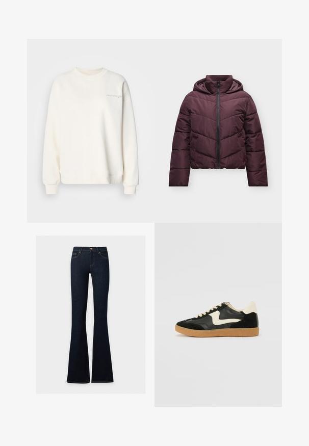 Veste matelassée violet foncé avec capuche, fermeture éclair complète à l'avant, manches longues et poches latérales, présentée sur un fond clair uni.; Sweatshirt beige clair avec col rond, poignets et ourlet côtelés. Présente un texte brodé subtil sur le devant. Matière douce avec une texture lisse.; Jean en denim bleu foncé à taille haute, ajusté sur les hanches et les cuisses, évasé en bas.; Baskets en daim et cuir noir avec un swoosh latéral crème et un talon crème clair. Dotées de lacets beige et d'une semelle en caoutchouc gomme.