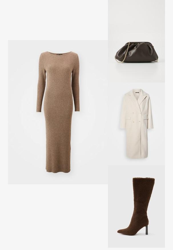 Doppelreihiger weißer Wollmantel mit Revers, zwei Fronttaschen und texturiertem Stoff. Verfügt über sechs Knöpfe und kurze Ärmel.; Langärmliges, geripptes Kleid in einem warmen Braunton, mit rundem Ausschnitt und taillierter Passform, das bis zu den Knöcheln reicht.; Brauner Stiefel mit Absatz aus einem strukturierten, flauschigen Material. Verfügt über eine spitze Zehenpartie und einen schmalen, quadratischen Absatz. Vertikales Design mit hohem Schaft.; Braune Lederhandtasche mit gerafftem Design, goldenen Kettenriemen und weicher, strukturierter Oberfläche. Kompakte Form, die sich für den abendlichen Gebrauch eignet.