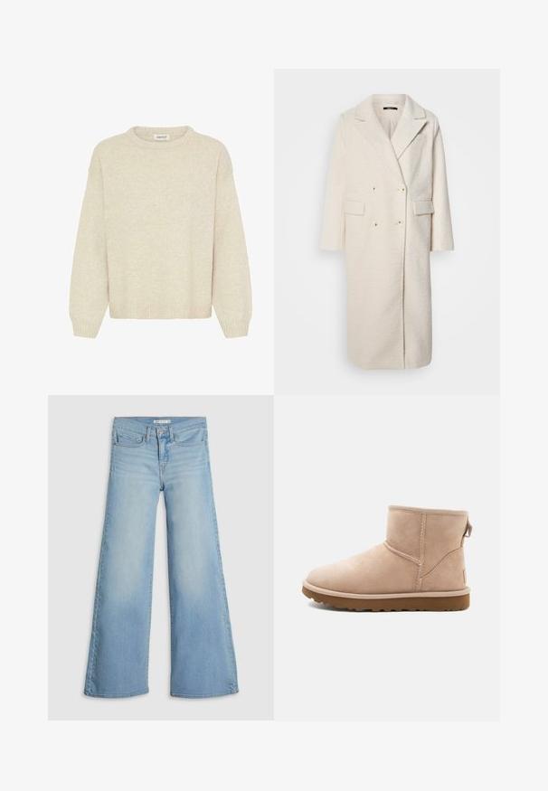 Dubbelzijdige witte wollen jas met revers, twee voorzakken en textiel met textuur. Bevat zes knopen en korte mouwen.; Licht beige sweater van zachte gebreide stof, met een ronde hals, verlaagde schouders en geribde rand en manchetten. Geen patronen of accenten.; Lichtblauwe wijde jeans gemaakt van denim, met een hoge taille, frontzakken en subtiele vervaging met een nette zoom.; Beige suède enkellaars met een ronde neus, gestikte accenten en een gestructureerde bruine rubberen zool. Beschikt over een trekband aan de achterkant.
