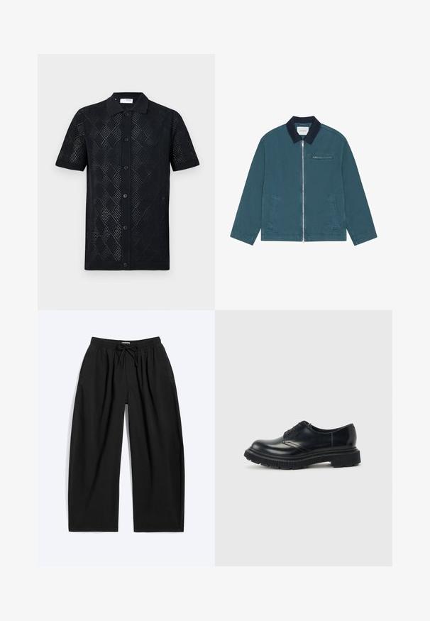 Grønblå lynlåstrøje med sort krave, to forlommer, en lynlåslomme på brystet og lange ærmer, lagt fladt uden baggrund.; Sort kortærmet polo-shirt med et diamond-mønstret strikdesign, der har krave og knaplukning foran. Glat tekstur og tætsiddende kant.; Sorte vidde bukser med elastisk taljebånd og snøre, med sidelommer og afslappet pasform.; Sort lædersko med snørebånd, tyk rillede sål, glat finish og lav hæl, vist fra siden mod en ensfarvet baggrund.
