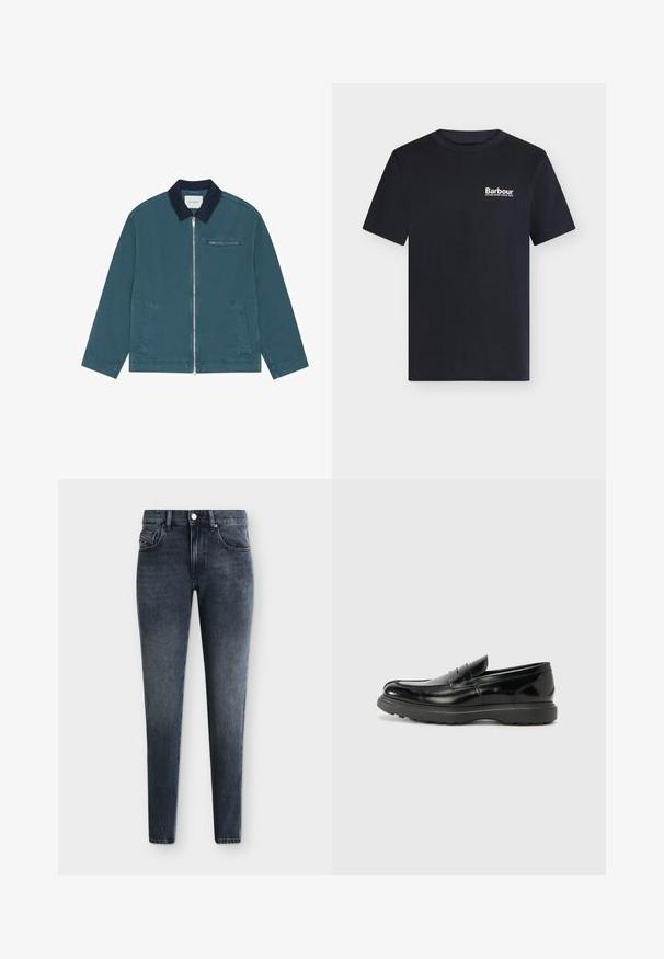 Veste zippée bleu sarcelle avec col noir, deux poches avant, une poche poitrine zippée et manches longues, posée à plat sans arrière-plan.; T-shirt noir manches courtes col rond avec petit logo blanc « Barbour Established Since 1894 » sur la poitrine gauche.; Jean slim fit gris foncé délavé avec poches avant et poche monnaie, passants de ceinture, fermeture à bouton et détails de coutures visibles sur un fond uni.; Mocassin en cuir noir avec une finition brillante, bout arrondi, détails de couture subtils et semelle en caoutchouc épaisse pour la durabilité.