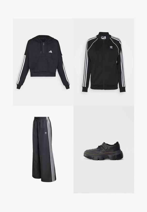 Zwarte zip-up trainingsjack gemaakt van gladde stof met witte drie-strepen accenten op de mouwen en een geborduurd logo op de borst.; Zwarte cropped hoodie van zacht materiaal, met een voorzak, ritssluiting, en witte strepen langs de mouwen en een logo op de borst.; Zwarte sportbroek van lichtgewicht materiaal, met drie witte verticale strepen en een elastische tailleband met trekkoord.; Zwarte sneakers met een chunky zool en leren bovenzijde, gele stiksels langs de tussenzool, klittenband en vetersluiting, op een effen lichte achtergrond.