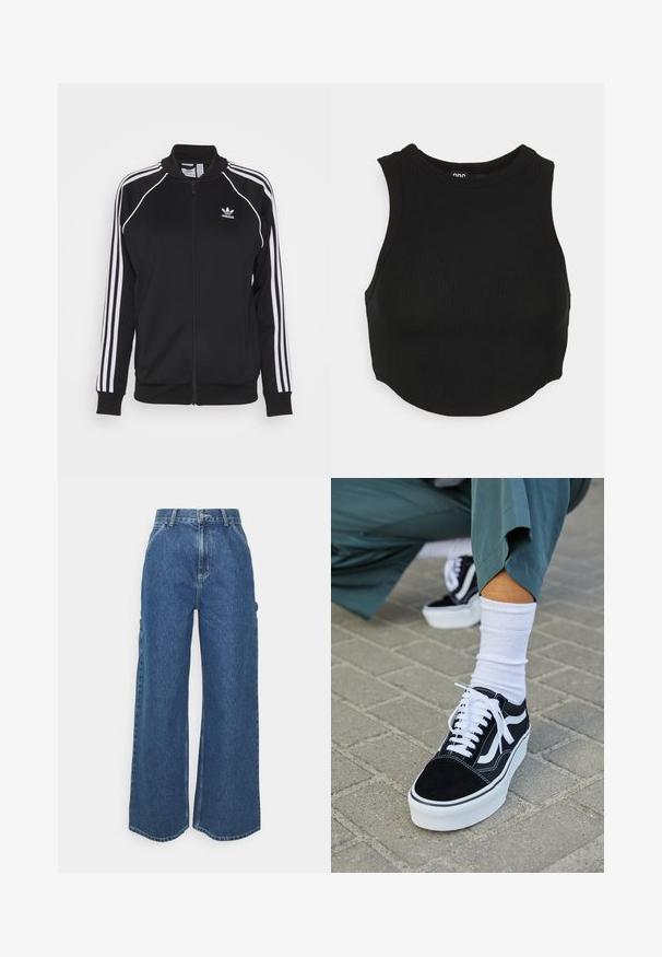 Sort zip-up træningsjakke lavet af glat stof med hvide tre-stribe detaljer på ærmerne og et broderet logo på brystet.; Sort ribbet crop top med høj hals og ærmeløs design. Blød tekstur med tætsiddende pasform og let buet kant.; Bredde ben blå denimbukser med høj talje, kontrastsyede sømme og sidelommer, med et klassisk fem-lomme design og rå kanter.; Sorte ruskinds sneakers med hvide accenter og snørebånd, der har en tyk hvid sål og kontrasterende syninger, parret med en hvid sok.