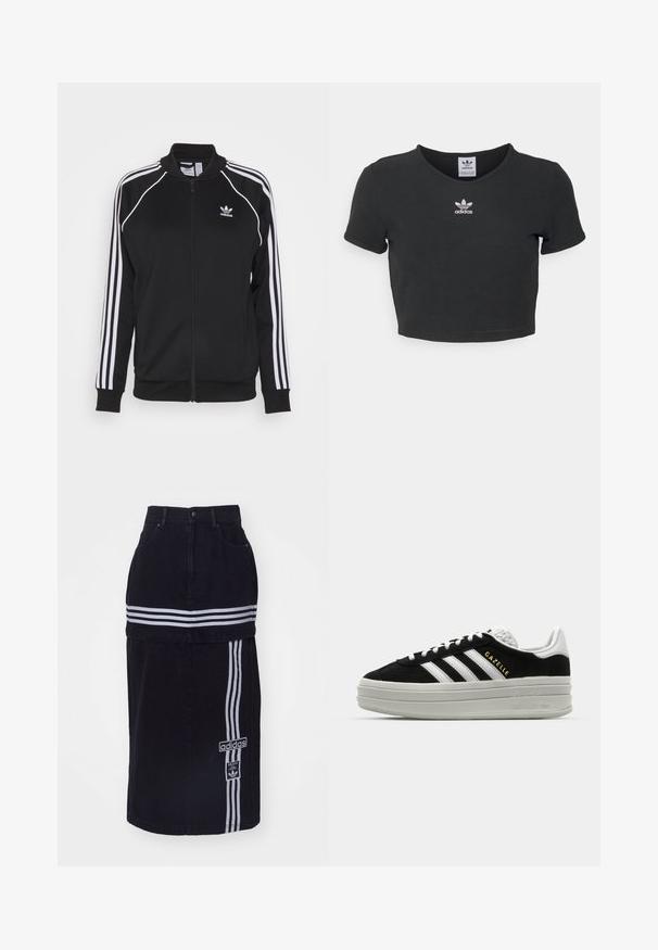 Sort zip-up træningsjakke lavet af glat stof med hvide tre-stribe detaljer på ærmerne og et broderet logo på brystet.; Sort cropped t-shirt lavet af bomuld, med rund halsudskæring og korte ærmer. I midten har den hvid Adidas logo broderi.; Sort denimnederdel med høj talje, der har to hvide vandrette striber, et Adidas-logo på siden og et lige snit.; Sort ruskind sneaker med hvide læderdetaljer, tre hvide striber, flade snørebånd og en tyk grå platformsål. Guldfarvet "Gazelle" branding.